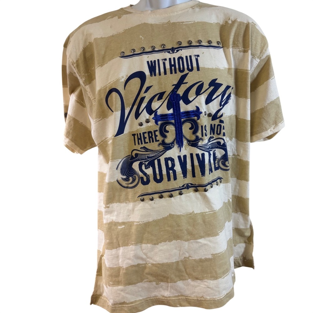 Blac Label Premium T Shirt Mens XL Natural Tan Striped Graphic Studded Y2K